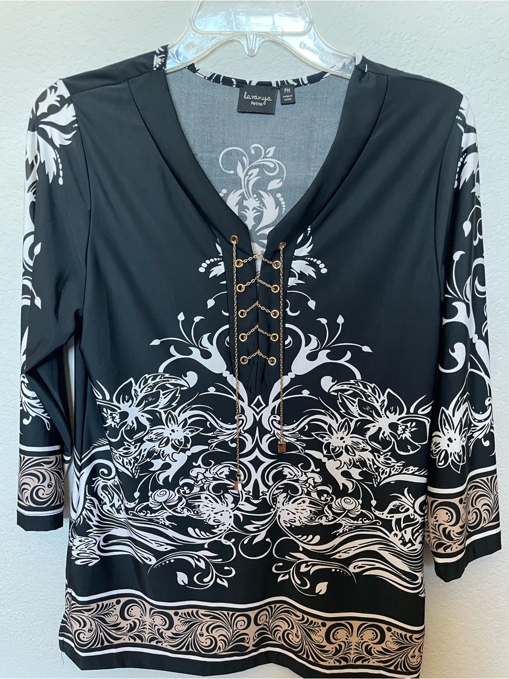 Black & White Lace-Up Floral Tunic Top